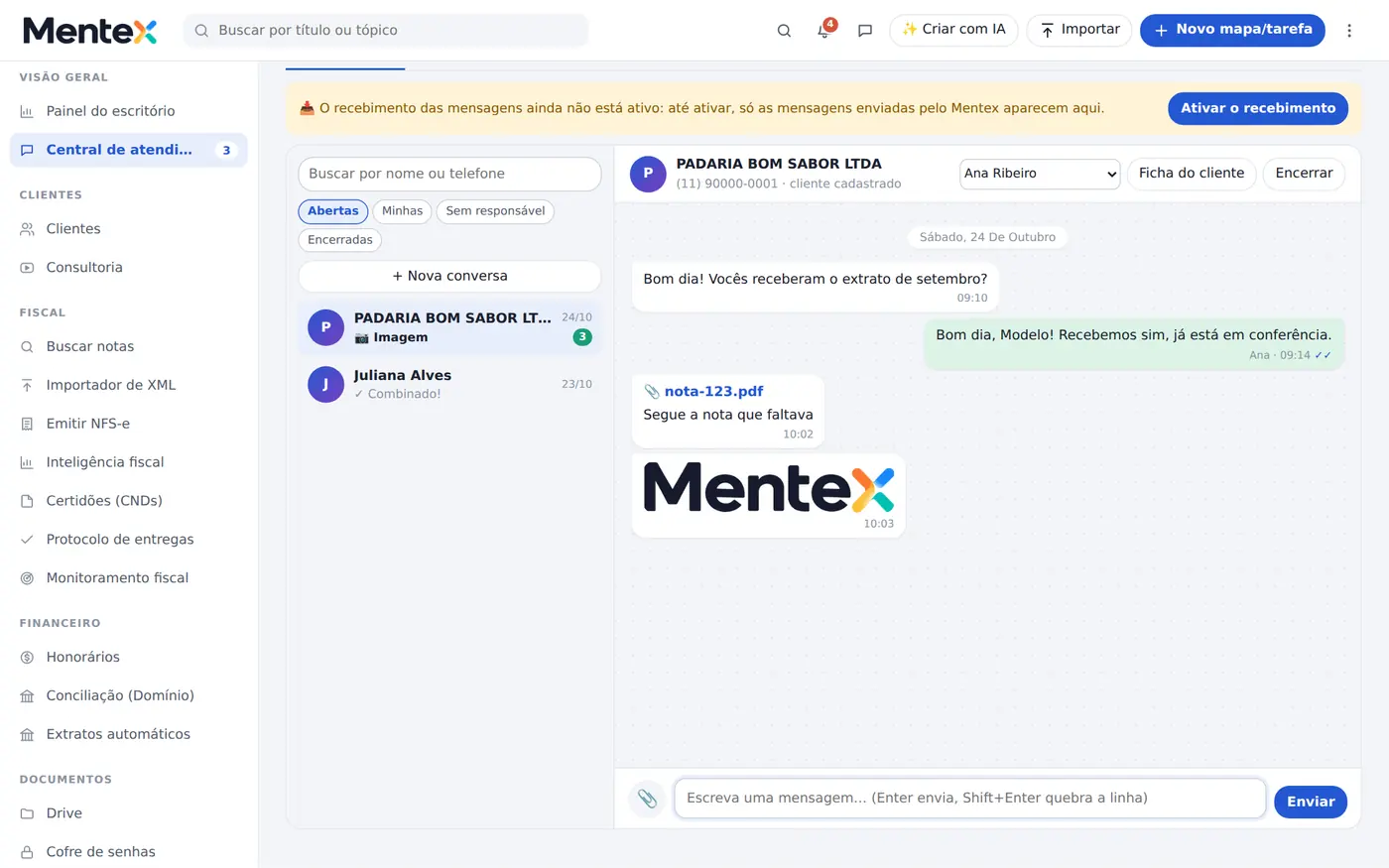 Tela do Dataloft: central de atendimento pelo whatsapp