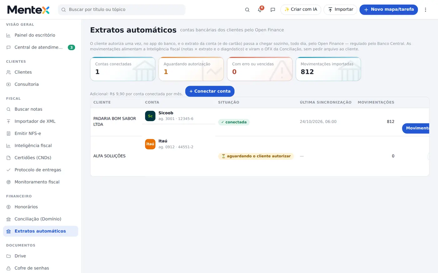 Tela do Dataloft: extratos automáticos e conciliação para o domínio